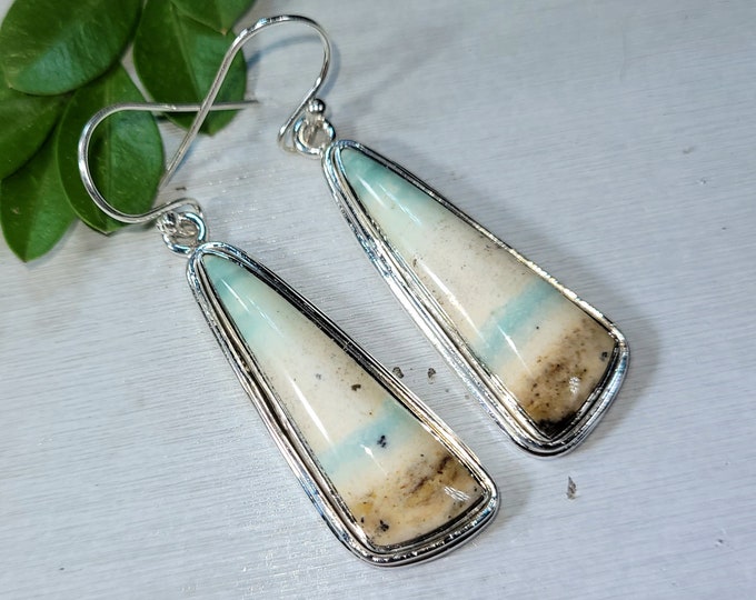 Natural Rare AAA Grade Blue Opalized Wood Handmade .925 Sterling Silver Earrings 11 Grams 2" x 9/16" CO12 Gift for Her Genuine Stones