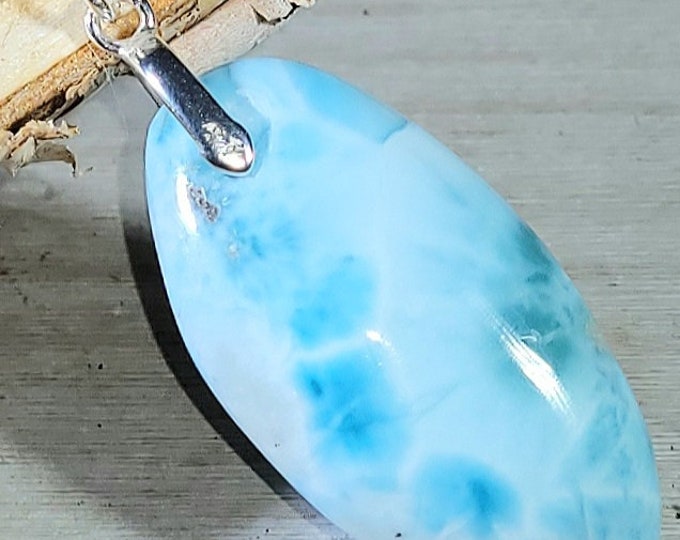 Natural AA Dominican Larimar Cabochon .925 Sterling Silver Pendant 1 5/8" x 5/8" 7 Grams EG25 Sterling Silver Bail
