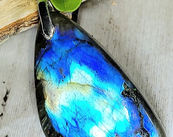 Natural Multi-Flash Labradorite Freeform Cabochon  .925 Sterling Silver Pendant 1 7/8" x 13/16" EG30 Sterling Silver Bail