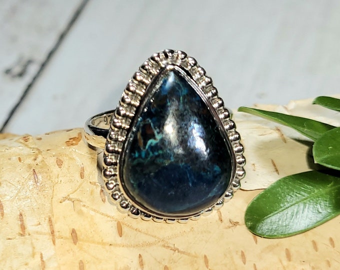 Natural Rare Shattuckite Handmade Pear .925 Sterling Silver Ring Size 6 7 Grams Face 7/8" x 11/16" CA18