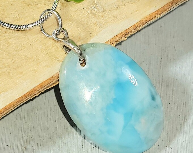 Natural Dominican Larimar Cabochon .925 Sterling Silver Pendant 1 1/2" x 3/4" 4 Grams EH03 Sterling Silver Bail