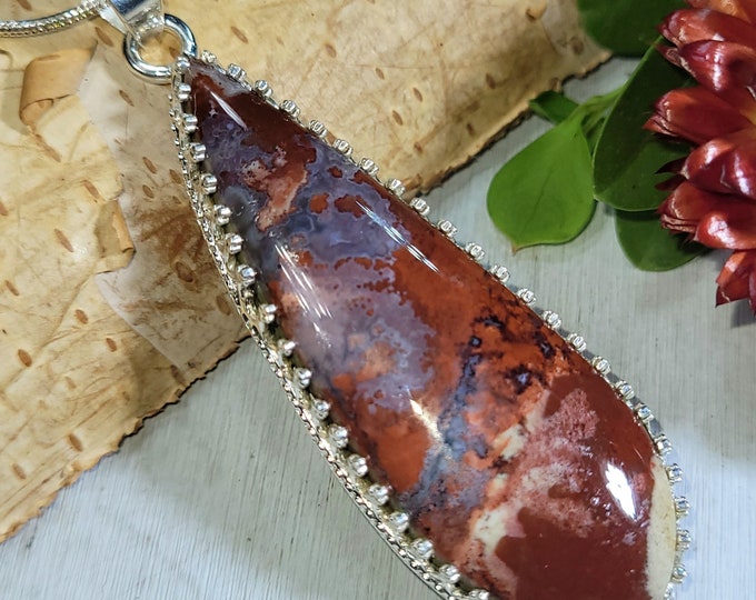Natural High Grade Rare Red Plume Moss Agate Pear Handmade .925 Sterling Silver Crown Prong Setting Pendant 2 1/2" x 3/4" 11 Grams CS36