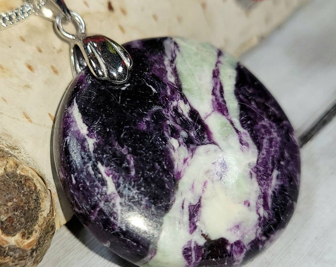 Natural Premium Grade Kammererite Round Cabochon .925 Sterling Silver Pendant 1 5/8" x 1 1/8" DA24 Rhodium Plated Solid Sterling Silver Bail
