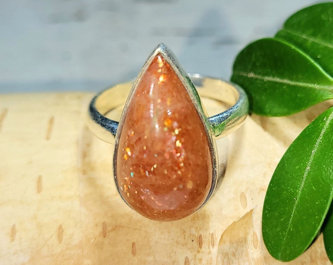 Sunstone Ring, Sunstone Sterling Silver Ring, Pear Sunstone Sterling Silver Ring Size 6, Statement Ring, Gift for Her, DR23. Handmade Ring