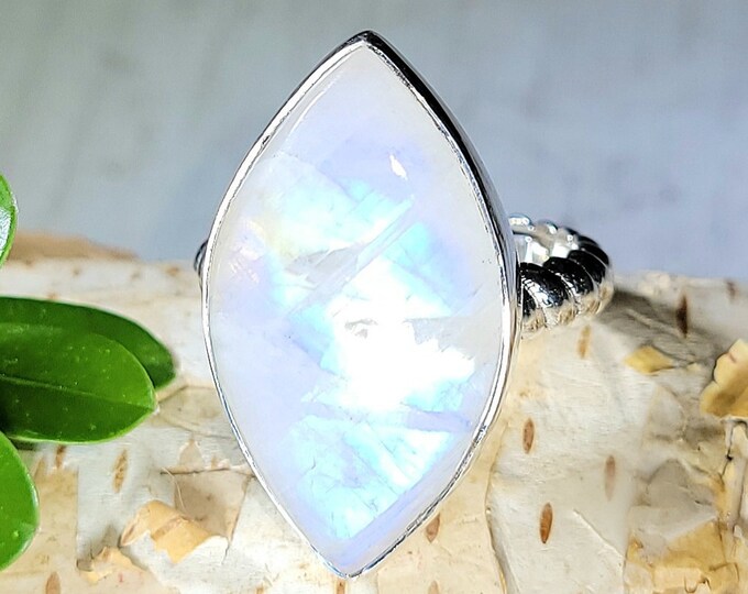Natural AAA Grade Multi Flash Moonstone Marquise .925 Sterling Silver Ring Adjustable 6-9 6 Grams 1" x 5/8" EZ33