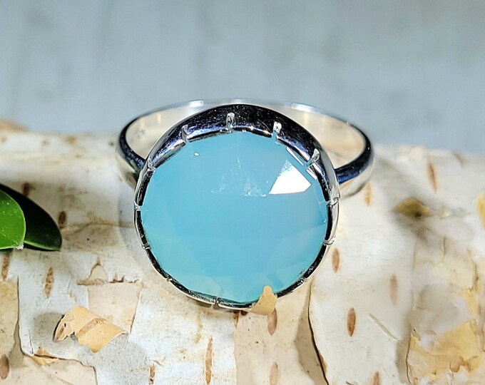 Natural High Quality Checkerboard Cut Blue Chalcedony .925 Sterling Silver Ring Size 6.5 4 Grams 1/2" Round AB01