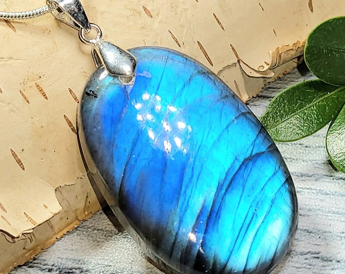 Natural AAA Full Blue Flash Labradorite Oval Cabochon  .925 Sterling Silver Pendant 75ct 2 1/8" x 1" AK10 Sterling Silver Designer Bail