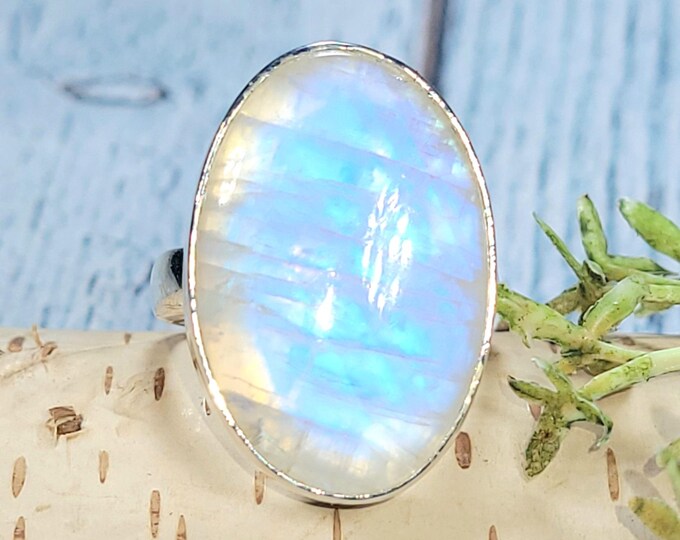 Rainbow Moonstone Ring, Moonstone Ring, Sterling Silver Moonstone Ring, Moonstone Ring Size 8.25, Statement Ring, Boho Ring, JC