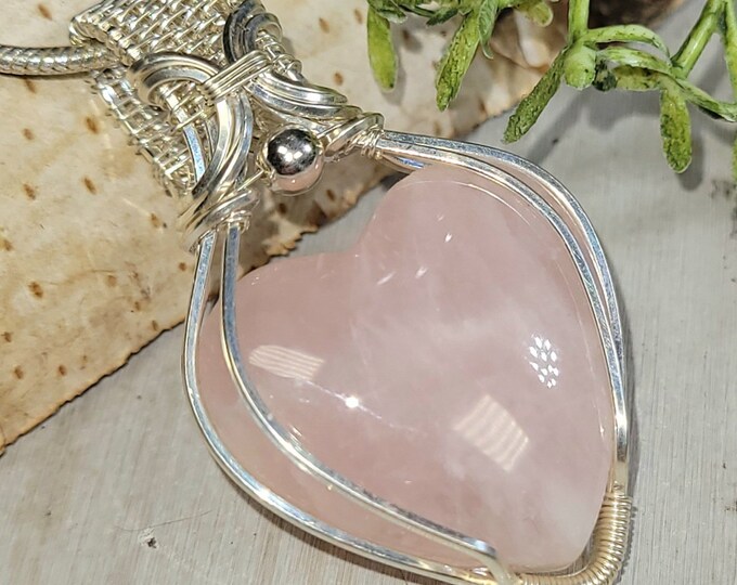 Rose Quartz Pendant, Rose Quartz Heart Wire Wrapped Sterling Silver Pendant, Handmade Rose Quartz Heart Pendant, Statement Pendant, HD11