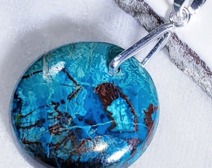 Natural AAA African Chrysocolla Round Cabochon .925 Sterling Silver Pendant EB06 1 5/8" x 1" Heavy Duty Sterling Silver Bail