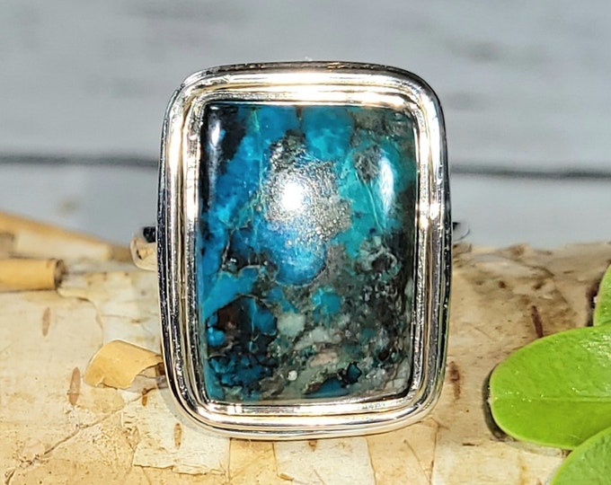 Natural High Quality Shattuckite Handmade Rectangle .925 Sterling Silver Ring Size 6.5 7 Grams Face 3/4" x 5/8" CD31