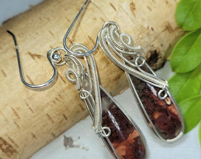 Moss Agate Earrings, Red Moss Agate Wire Wrapped Earrings, Sterling Silver Wire Wrapped Earrings, Red Moss Agate Wire Wrap Earrings FA04