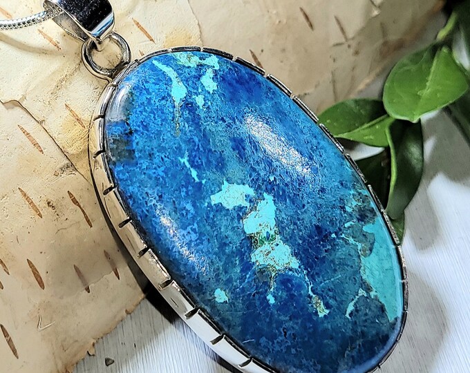 Natural High Grade Shattuckite .925 Sterling Silver Pendant Weighs 18 Grams Measures 2 1/4" x 1 1/8" AG15