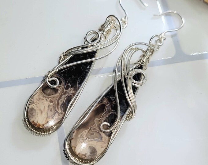 Natural Palm Wood Jasper Pear Wire Wrapped .925 Silver Earrings, Sterling Silver Wire Wrapped Earrings, Handmade Stone Jewelry CZ52