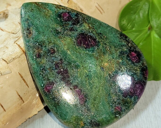 Natural Genuine Ruby Fuchsite Pear Cabochon 65ct 44mm x 33mm Wire Wrapping, Weaving or Pendant, Collector, Gift for Anyone CJ23