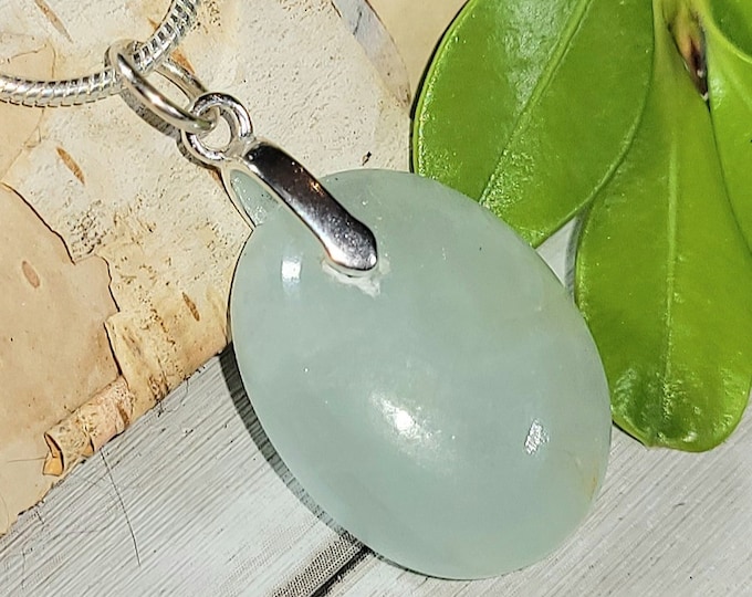 Natural Dainty Top Grade Aquamarine Cabochon .925 Sterling Silver Pendant 1 1/4" x 5/8" EH34 Sterling Silver Bail