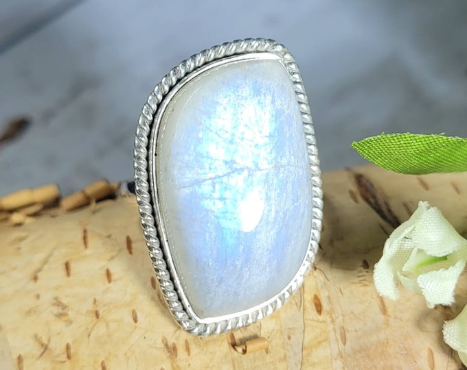 Natural Premium Grade Freeform Moonstone Handmade Sterling Silver Ring Size 8 Genuine High Quality Moonstone Gift for Her CZ