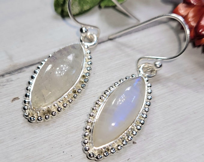 Natural Top Grade Blue Flash Marquise Moonstone .925 Sterling Silver Earrings 7 Grams 1 5/8" x 1/12" CS17 Gift for Her Genuine Moonstone