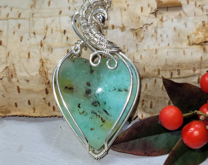 Blue Opalized Wood Heart Pendant, Blue Opalized Wood Wire Wrapped Pendant, Petrified Wood Pendant, Sterling Silver Wire Wrapped Pendant DP11