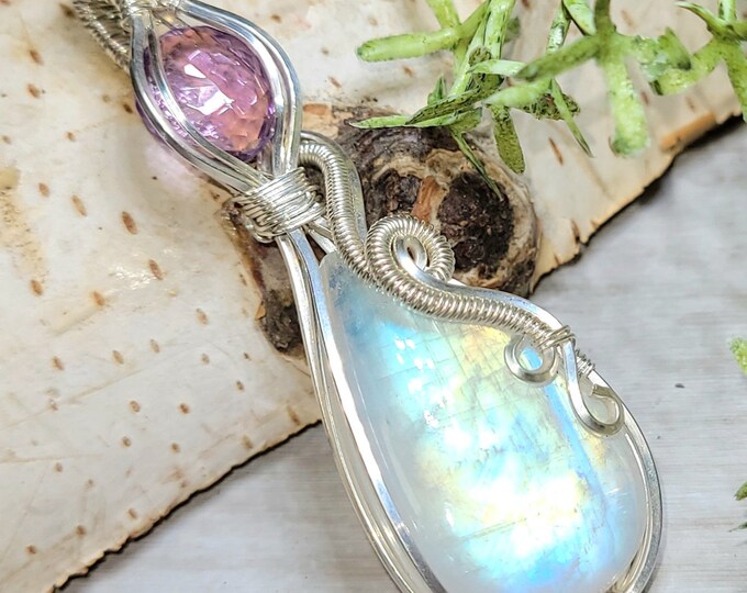 Moonstone, Amethyst Pendant, Hand Wire Wrapped Sterling Silver Moonstone Pendant,  Handmade Moonstone Sterling Silver Pendant, GF11