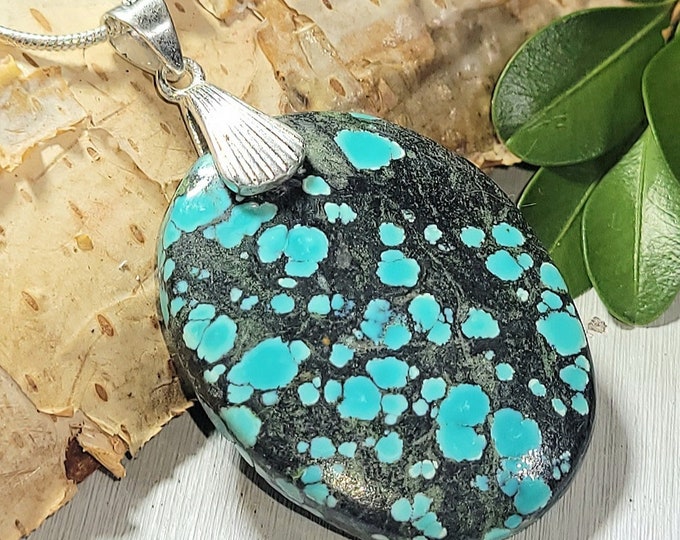 Natural High Quality Tibet Turquoise Oval Cabochon .925 Sterling Silver Pendant 1 7/8" x 1" AE08 Heavy Duty Designer Bail