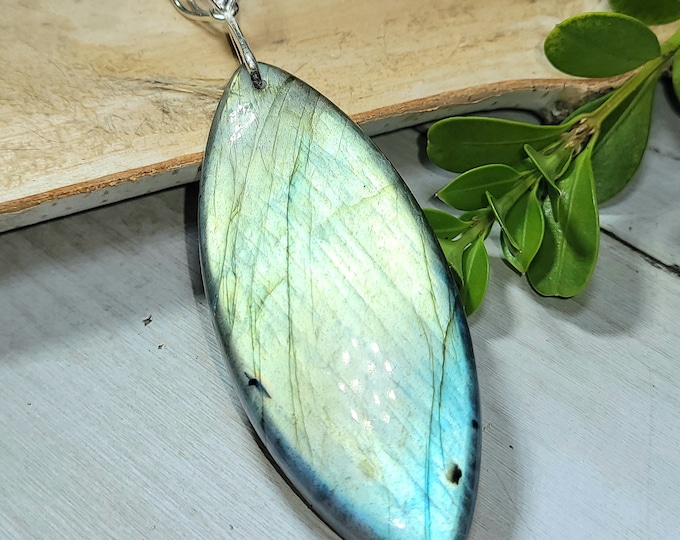 Natural Huge Marquise Labradorite Cabochon .925 Sterling Silver Pendant Designer Bail 3 5/8" x 1 1/8" EM04