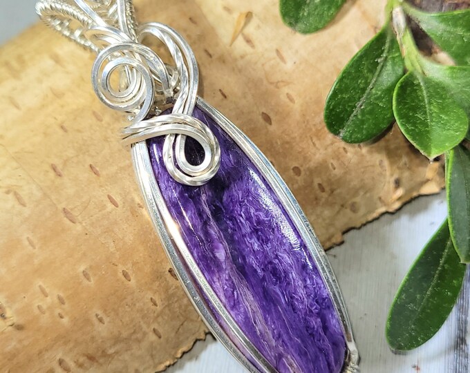 Natural AAA Grade Charoite Hand Wrapped .925 Sterling Silver Pendant 2" x  1/2" 10.5 Grams FS23 Handmade Wrapped Solid Sterling Silver
