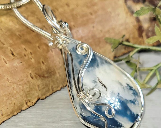 White Plume Doublet Agate Sterling Silver Pendant, Solid Sterling Wire Wrapped Pendant, White Plume agate pendant,Agate wrapped pendant HM28