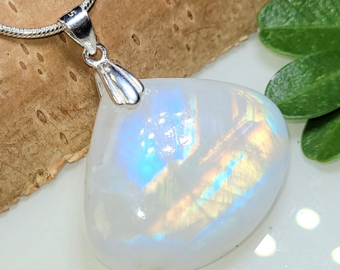 Moonstone Pendant, Rainbow Moonstone Pear Cabochon Sterling Silver Pendant, Multi Color Flash, Gift for Her, Handmade Pendant, GD43