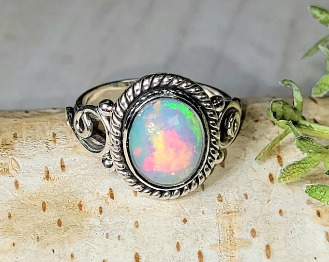Ethiopian Opal Ring, Ethiopian Opal Sterling Silver Ring, Multi Color Opal Ring, Statement Ring, Handmade Ring, Gift for Her, HE Size 6