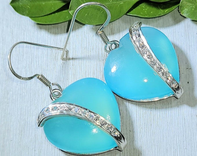 Natural High Grade Blue Chalcedony, Clear Zircon  .925 Sterling Silver Earrings 12 Grams 1 9/16" x 13/16" F22