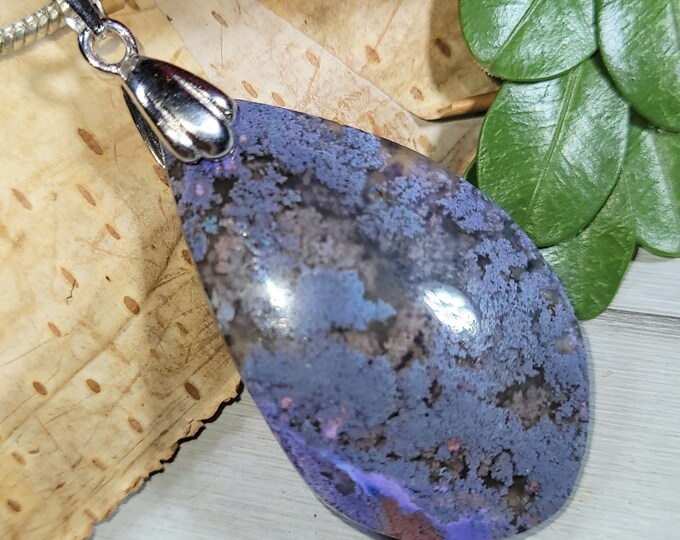 Natural Purple Moss Agate Freeform Cabochon Handmade .925 Sterling Silver Pendant 1 7/8" x 7/8" CT33 Rhodium Solid Sterling Silver Bail