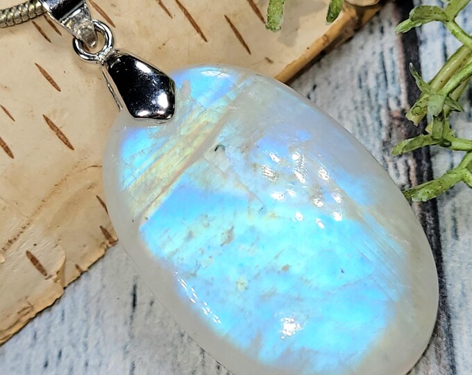 Moonstone Pendant, Multi Flash Moonstone Oval Cabochon Sterling Silver Pendant, Gift for Her, Handmade Large Moonstone Pendant, HS35