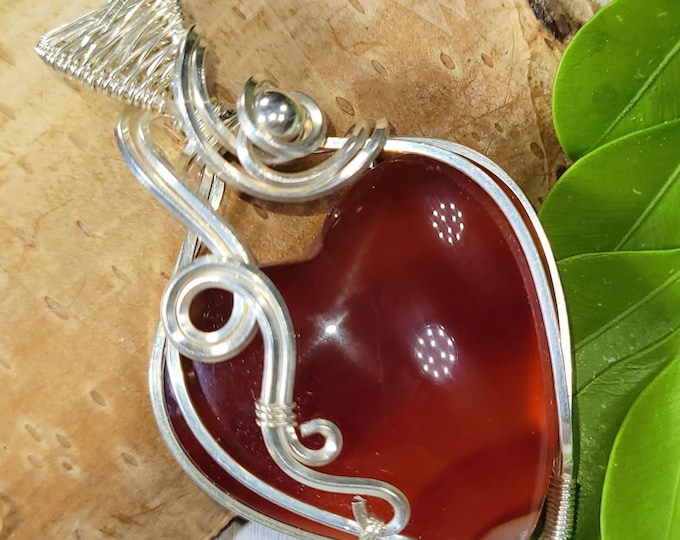 Carnelian Pendant, Carnelian Heart Wire Wrapped .925 Silver Pendant, Carnelian Sterling Silver Wire Wrapped Pendant, Handmade Pendant FE05
