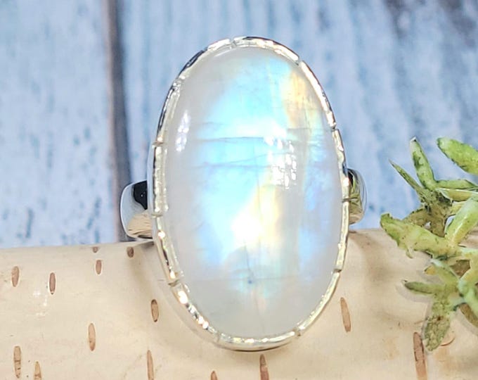 Rainbow Moonstone Ring, Moonstone Ring, Sterling Silver Moonstone Ring, Moonstone Ring Size 7.5, Statement Ring, Boho Ring, JC