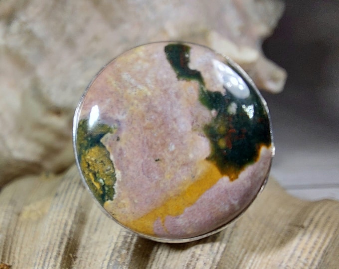 Natural Premium Grade Ocean Jasper Ring, Genuine Ocean Jasper Ring set in .925 Sterling Silver, Size 9