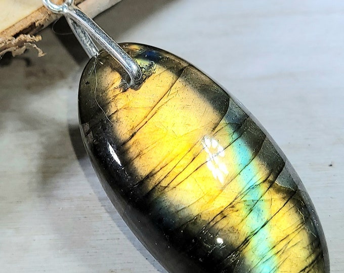 Natural Multi-Flash Labradorite Oval Cabochon  .925 Sterling Silver Pendant 2 1/8" x 3/4" EG21 Heavy Duty Sterling Silver Bail