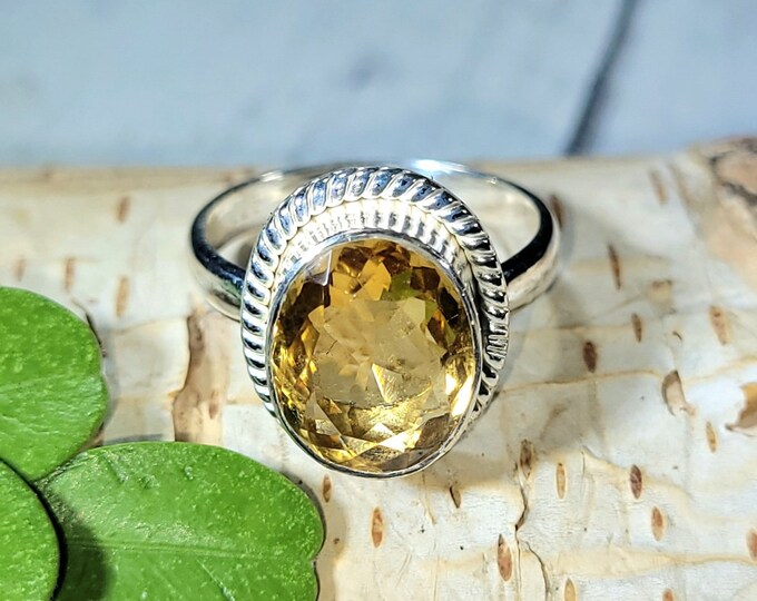 Eye Clean Faceted Citrine Ring Handmade .925 Sterling Silver Ring Size 7 1/4 5.2 Grams 1/2" x 1/4" BA21