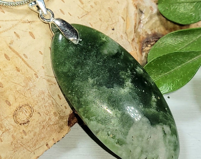 Natural Best Grade Serpentine Oval Cabochon .925 Sterling Silver Pendant 1 7/8" x 3/4" AS07 Sterling Silver Bail