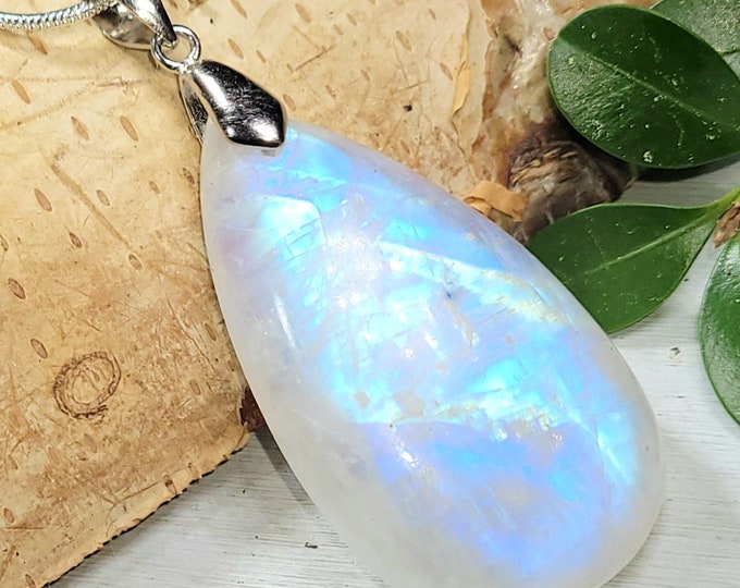 Natural AAAA Rainbow Moonstone Pear Cabochon 60Ct .925 Sterling Silver Pendant Heavy Duty Sterling Silver Bail 2 1/8" x 15/16" CD34