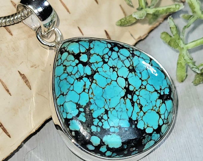 Tibet Turquoise Pendant, Sterling Silver Turquoise Pendant, Tibetan Turquoise Boho Pendant, Statement Pendant HT08 Boho Pendant