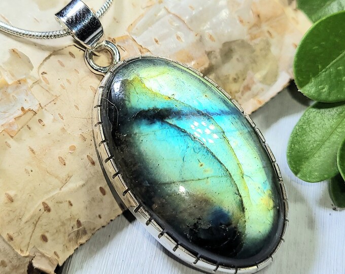 Natural High Grade Multi Flash Labradorite Handmade Oval .925 Sterling Silver Pendant 1 7/8" x 7/8" 13 Grams AB34
