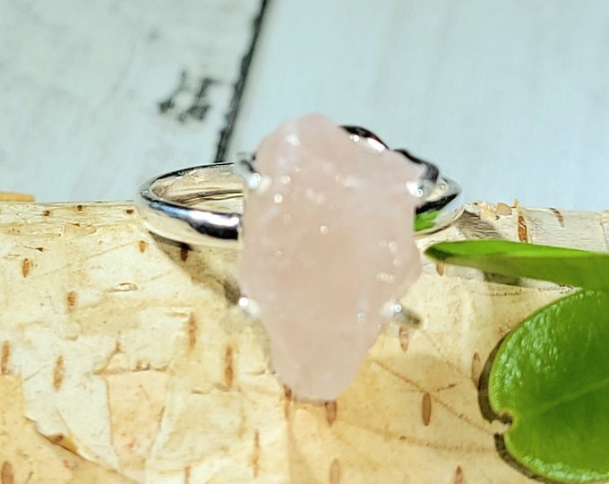 Natural High Quality Raw Rough Cut Rose Quartz Handmade .925 Sterling Silver Ring Size 8 5 Grams 5/8" x 7/16" CB36