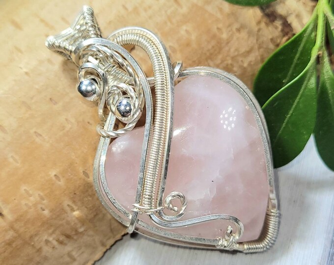Rose Quartz Heart Pendant, Rose Quartz Hand Wire Wrapped Sterling Silver Pendant, Statement Pendant, Handmade Pendant DU20, Gift for Her