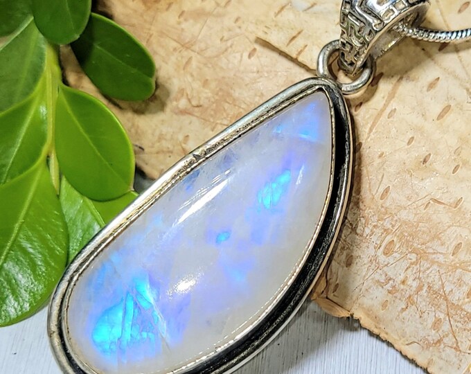 Natural Bright Blue Flash Rainbow Moonstone .925 Sterling Silver Estate Pendant Measures 2" x 3/4" Weighs 12 Grams CB05