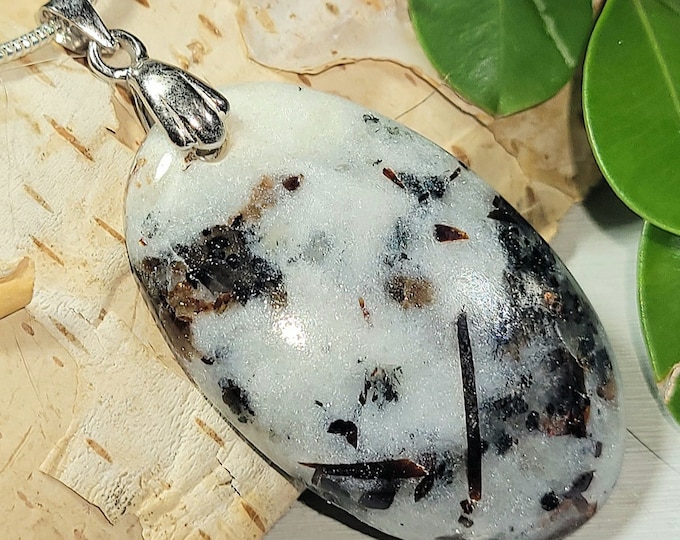 Natural Rare Astrophyllite Oval Cabochon Handmade .925 Sterling Silver Pendant 1 7/8" x 7/8" ET26 Rhodium Plated Sterling Silver Bail