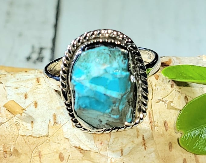 Natural Raw Rough Cut Chrysocolla Handmade .925 Sterling Silver Ring Size 9 5 Grams 5/8" x 11/16" CB42