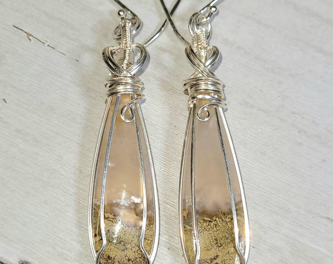 Moss Agate Earrings, Moss Agate Sterling Silver Wire Wrapped Earrings, Moss Agate Statement Wire Wrap Earrings, Handmade Earrings, HM22