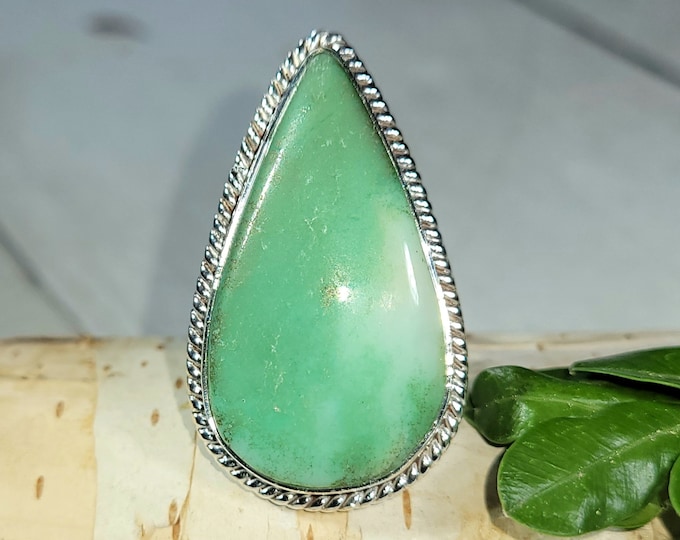 Natural Best Grade Stunning Green Chrysoprase Handmade Pear .925 Sterling Silver Ring Size 9 10 Grams 1 3/8" x 7/8" Gift for Her