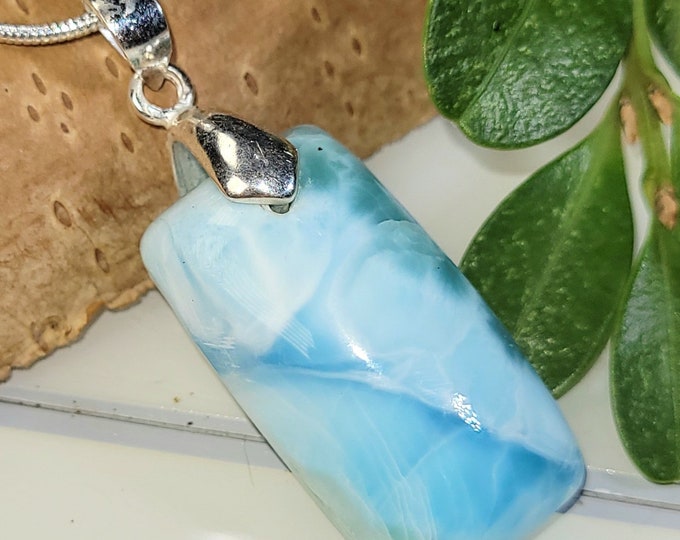 Natural High Grade Dominican Larimar Cabochon .925 Sterling Silver Pendant 1 3/4" x 5/8" 11.4 Grams GD40 Heavy Duty Sterling Silver Bail